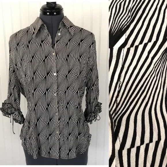 Vintage 90s 2000s Y2K Psychedelic Swirl Black and White Op Art Sexy Sheer Blouse - Picture 1 of 12